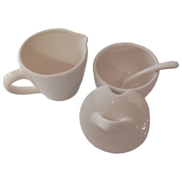 Pottery Barn Sausalito Creamer & Sugar Bowl Set With Spoon Off White Stoneware. - Picture 16 of 16